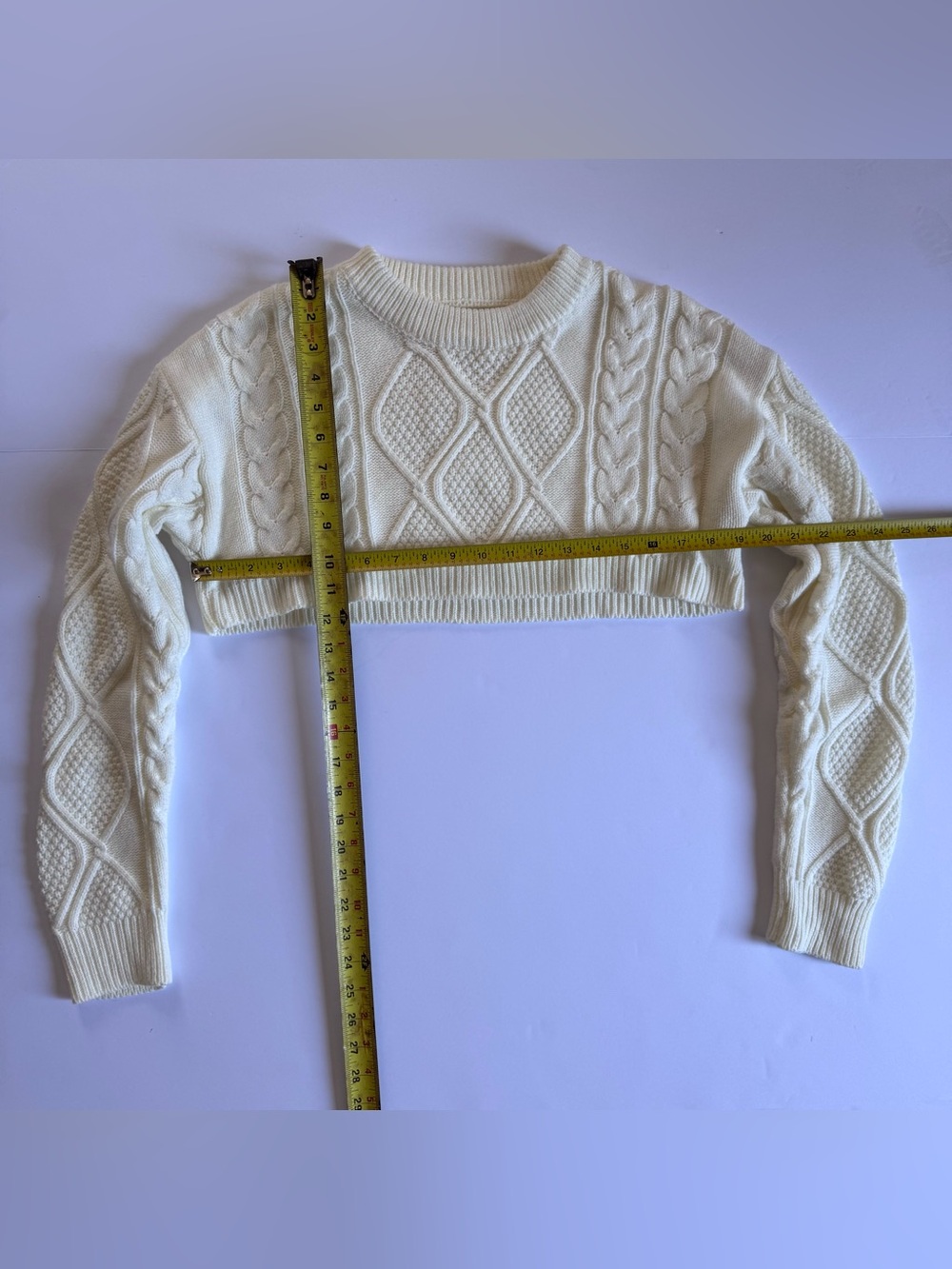 Cropped Cable Knit Sweater - Cream,Size Small - Picture 3 of 6